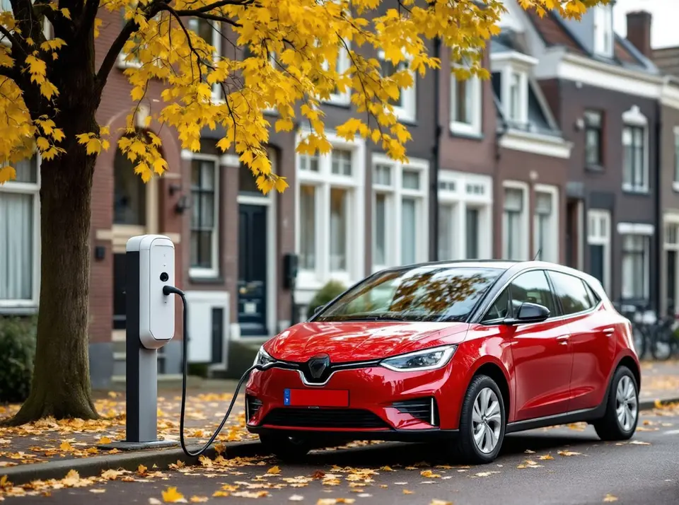 Een rode elektrische auto laadt aan een openbare laadpaal in een Amsterdamse straat in de herfst