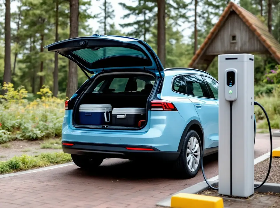 Een lichtblauwe elektrische stationwagen met open achterklep en koelboxen laadt aan een paal op een rustplaats in het bos